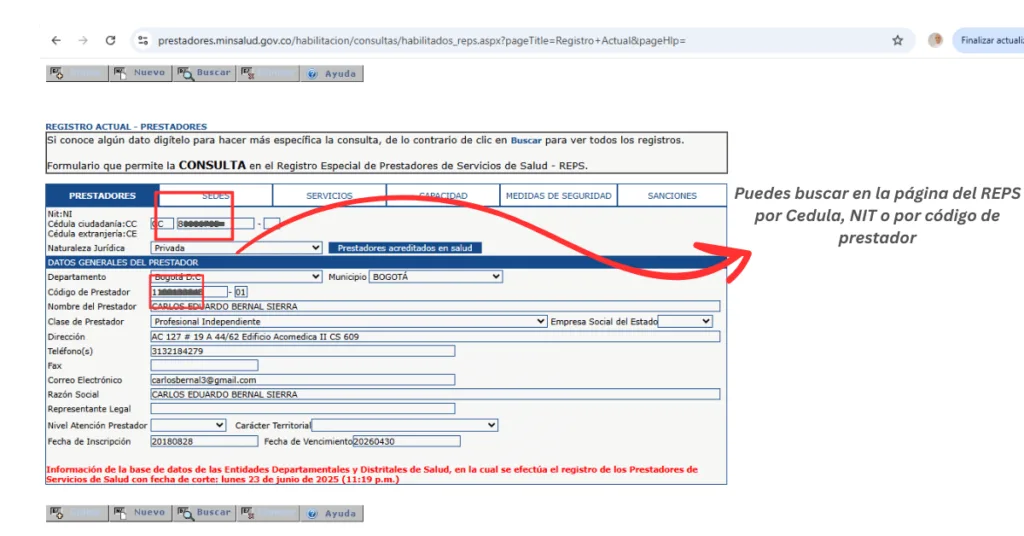 Encuentre a Carlos Bernal y Diana Gil en la pagina del REPS