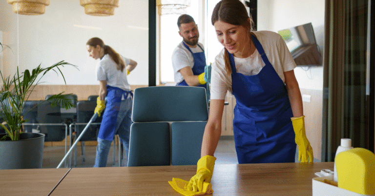 Trabajadoras de servicio doméstico limpian con guantes, aplicando prácticas ergonómicas en un espacio interior.