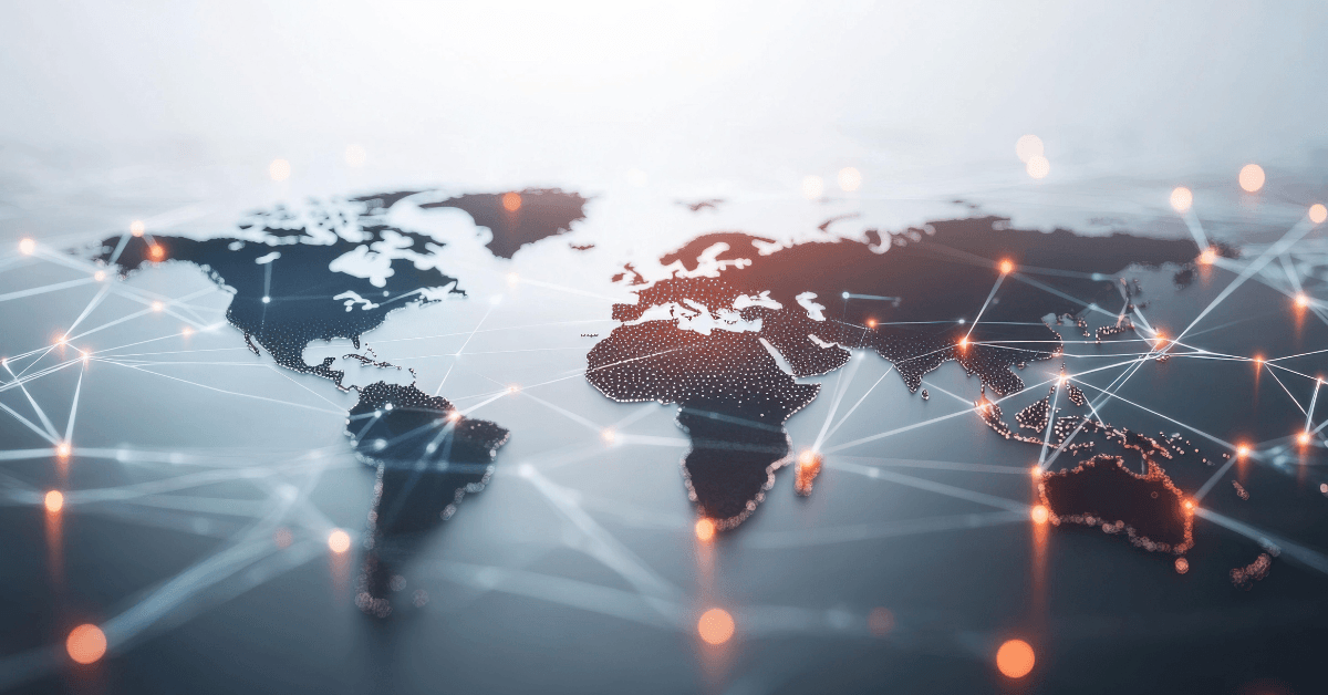 Mapa mundial con conexiones digitales sobre telemedicina y examen ocupacional virtual