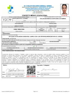 Ejemplo de certificado de salud ocupacional emitido por médico ocupacional para examen ocupacional en Forjar Salud - Drs Carlos Bernal y Diana Gil