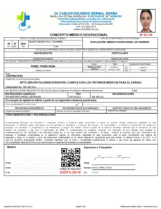 Ejemplo de certificado de salud ocupacional emitido por médico ocupacional para examen ocupacional Drs Carlos Bernal y Diana Gil