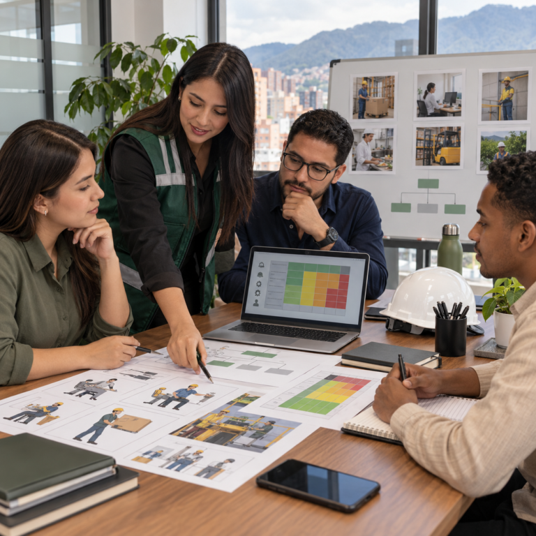 Equipo de SST revisando perfiles de cargo y matriz de riesgos en una mesa de trabajo