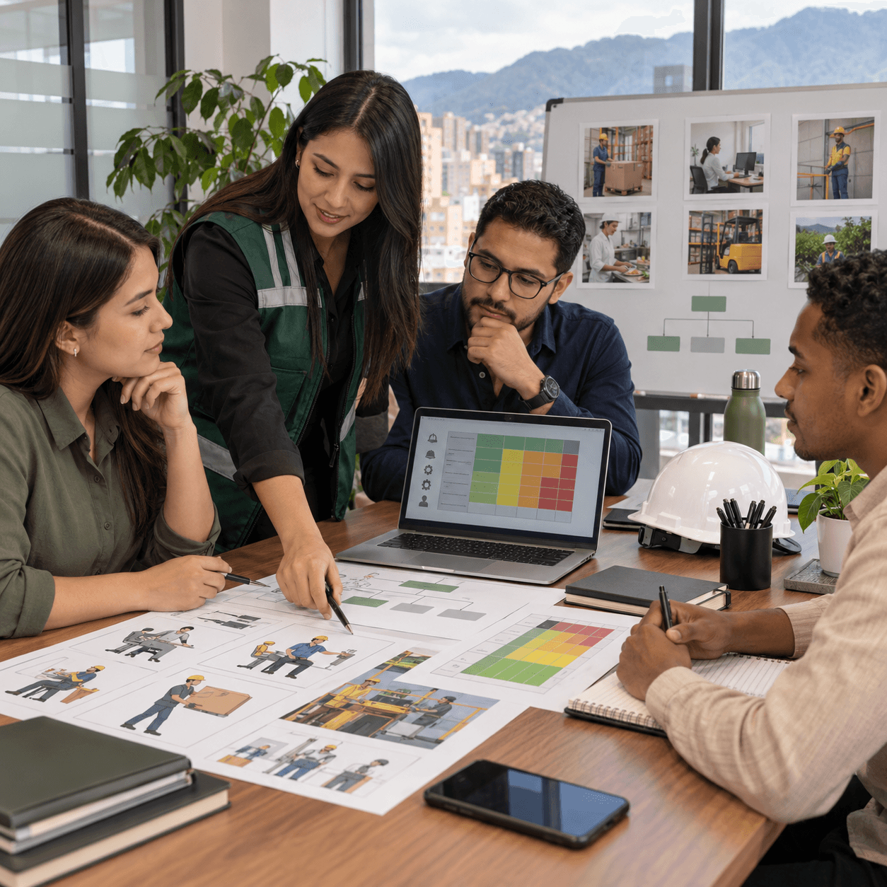 Equipo de SST revisando perfiles de cargo y matriz de riesgos en una mesa de trabajo