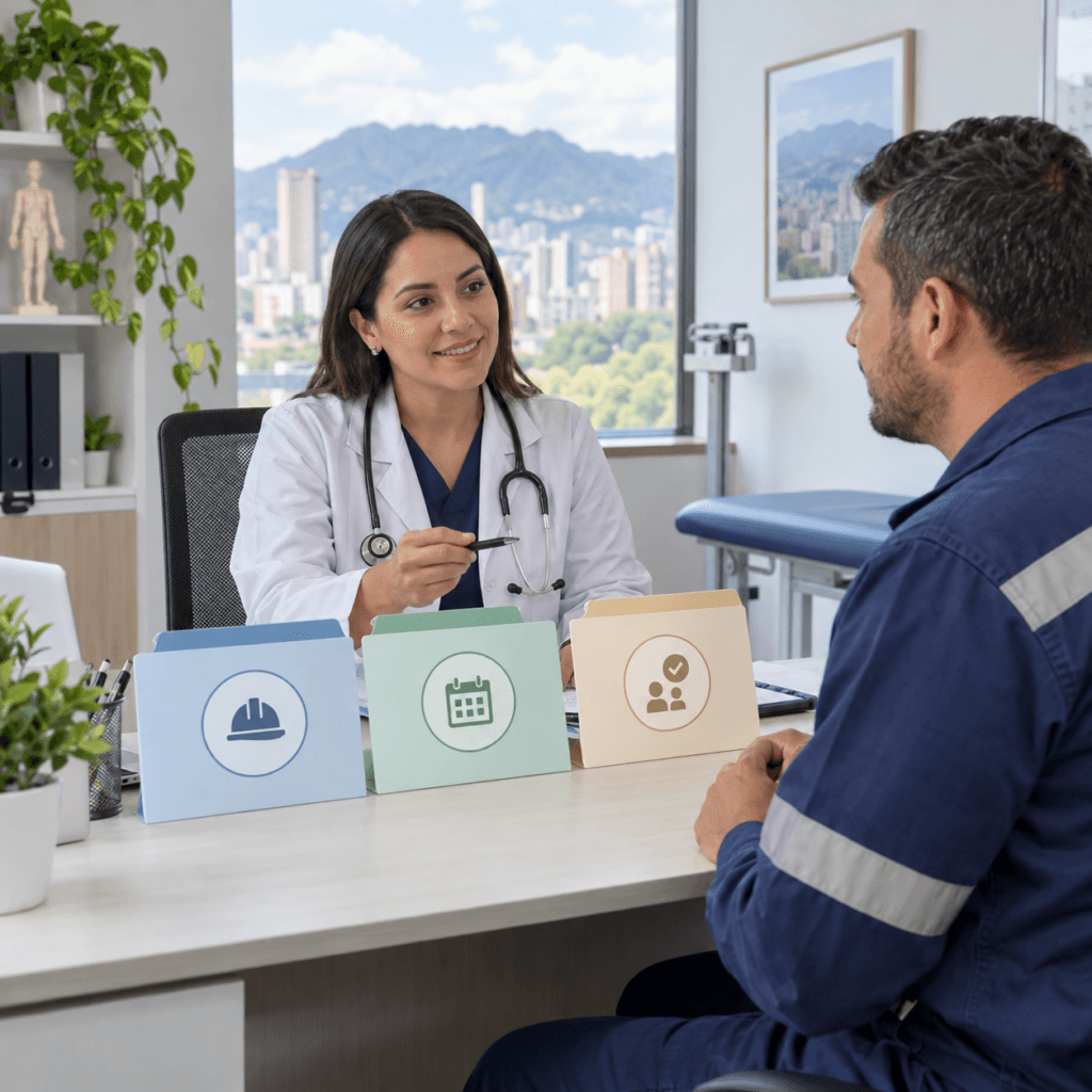 Profesional de salud explicando tipos de evaluaciones ocupacionales a un trabajador