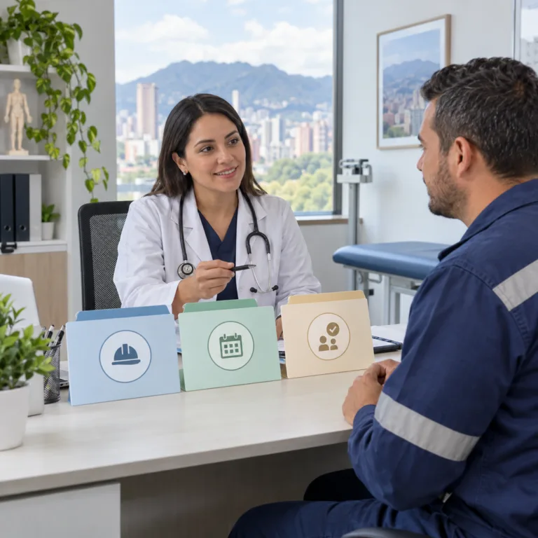 Profesional de salud explicando tipos de evaluaciones ocupacionales a un trabajador
