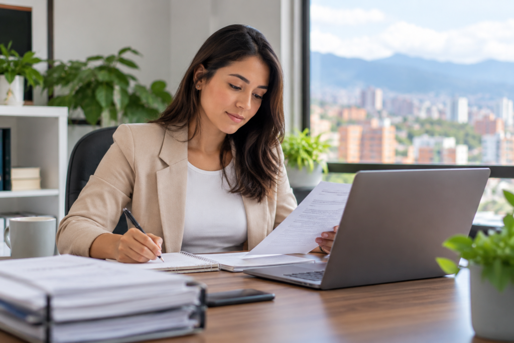 Trabajadora independiente administrativa revisa documentos y realiza gestión desde un computador en un entorno de oficina.