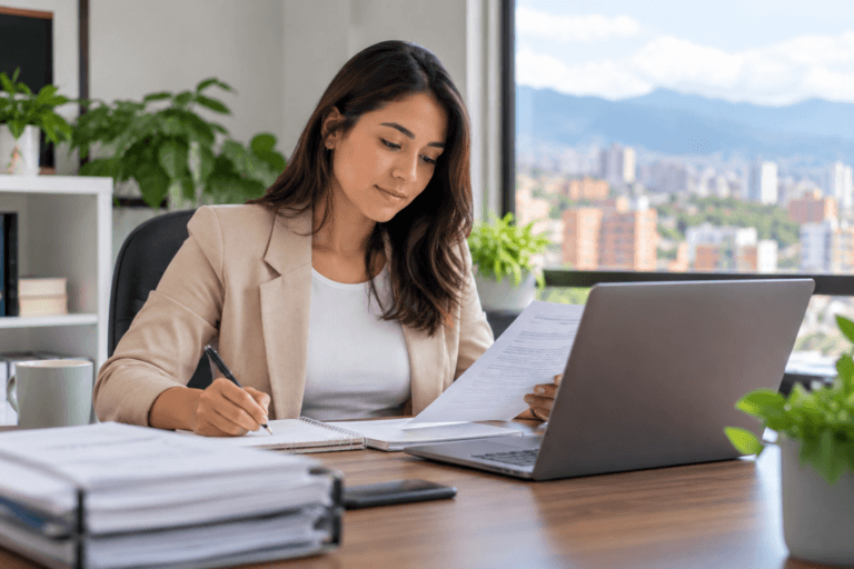 Trabajadora independiente administrativa revisa documentos y realiza gestión desde un computador en un entorno de oficina.