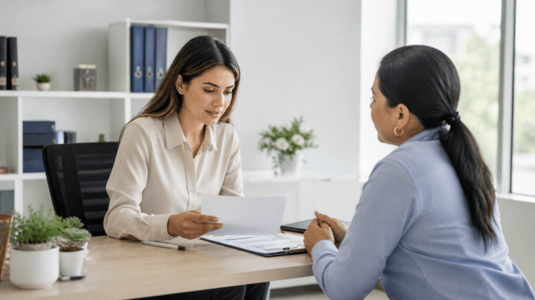 Profesional de salud ocupacional orientando a una trabajadora sobre una evaluación médica laboral.