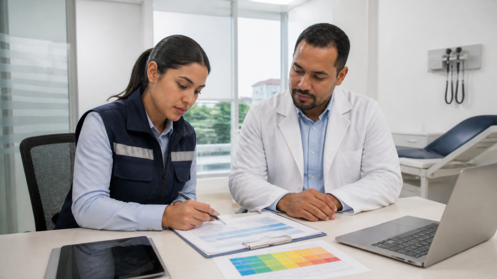 Profesional de SST y médico evaluador revisan información de un cargo para un examen médico ocupacional