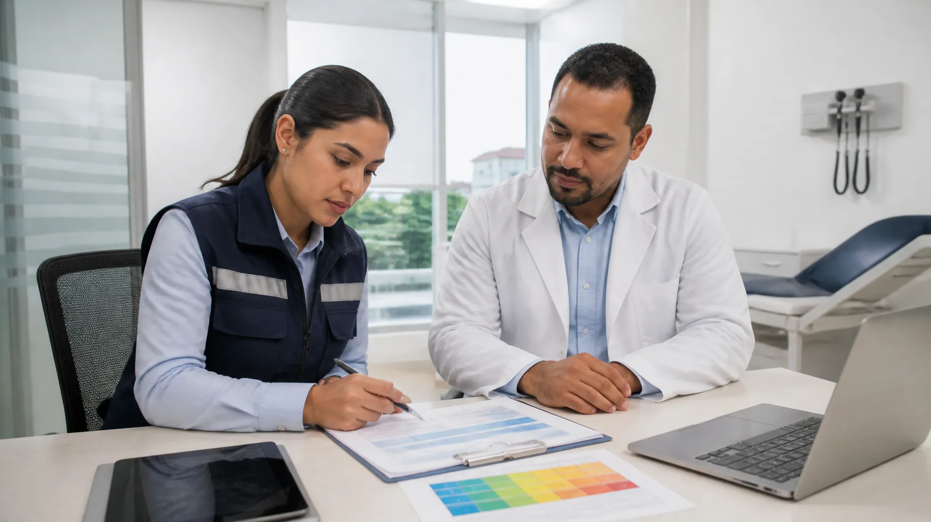 Profesional de SST y médico evaluador revisan información de un cargo para un examen médico ocupacional