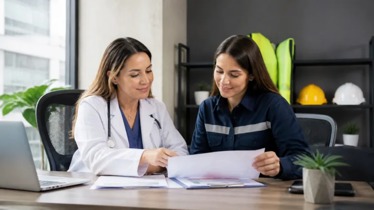 Médica ocupacional y responsable de SST revisan información de un cargo para programar un examen médico ocupacional