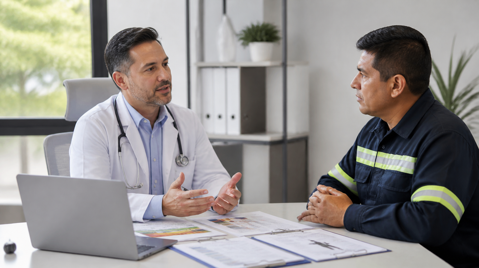 Médico evaluador revisa con un trabajador la información de su cargo para un examen médico ocupacional