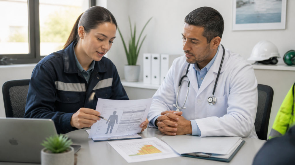Responsable de SST y médico evaluador revisan información de un cargo para un examen médico ocupacional