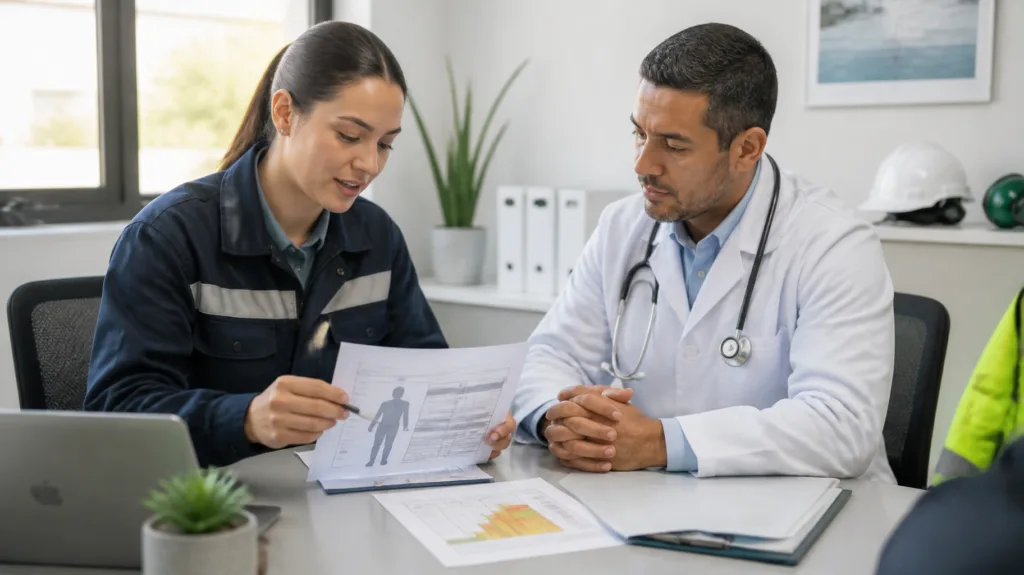 Responsable de SST y médico evaluador revisan información de un cargo para un examen médico ocupacional