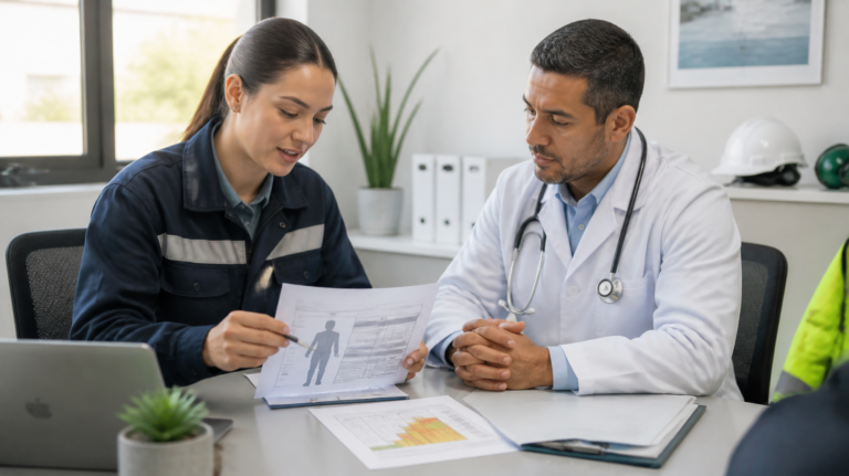 Responsable de SST y médico evaluador revisan información de un cargo para un examen médico ocupacional