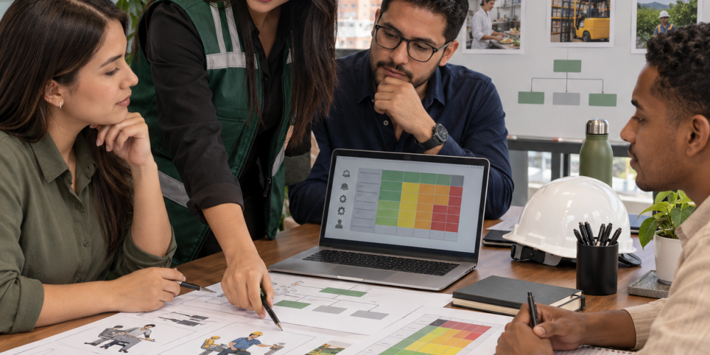 Equipo de SST revisando perfiles de cargo y matriz de riesgos en una mesa de trabajo