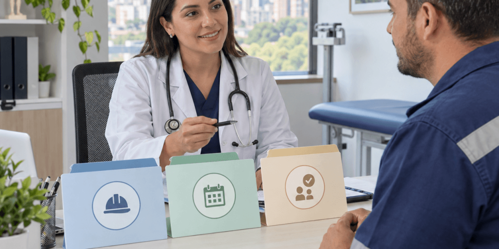 Profesional de salud explicando tipos de evaluaciones ocupacionales a un trabajador