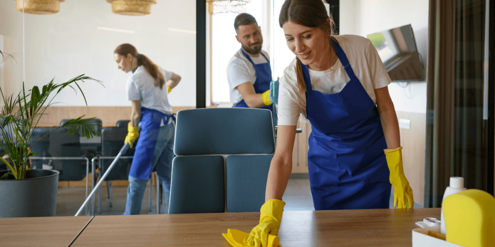 Trabajadoras de servicio doméstico limpian con guantes, aplicando prácticas ergonómicas en un espacio interior.