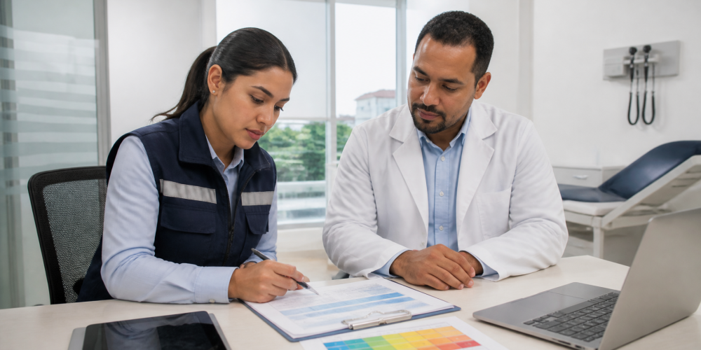 Profesional de SST y médico evaluador revisan información de un cargo para un examen médico ocupacional