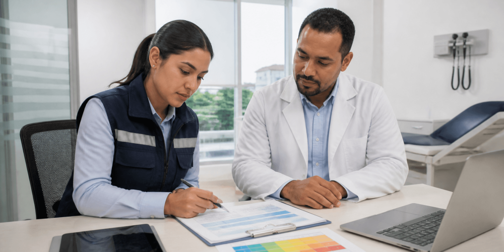 Profesional de SST y médico evaluador revisan información de un cargo para un examen médico ocupacional
