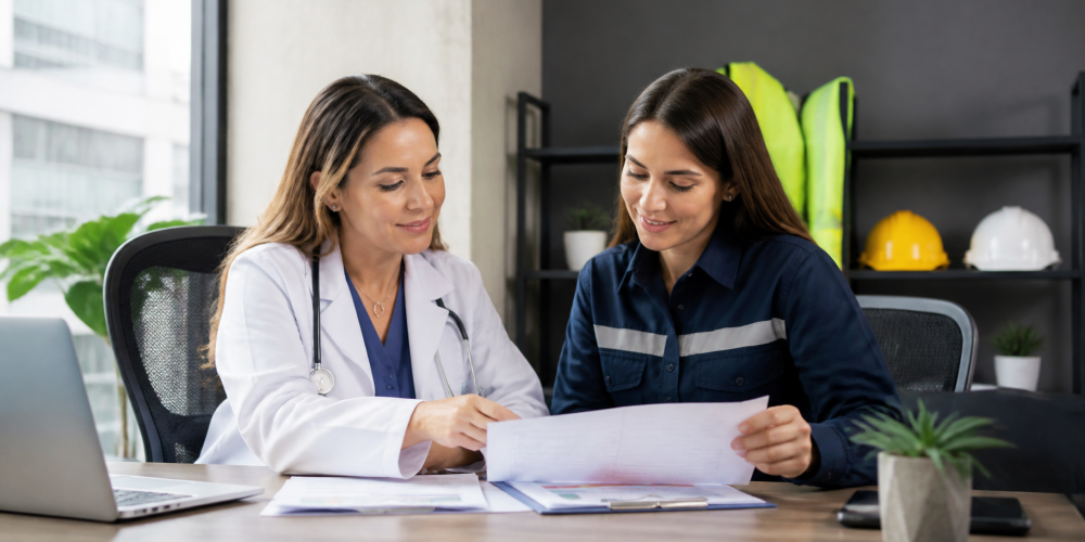 Médica ocupacional y responsable de SST revisan información de un cargo para programar un examen médico ocupacional