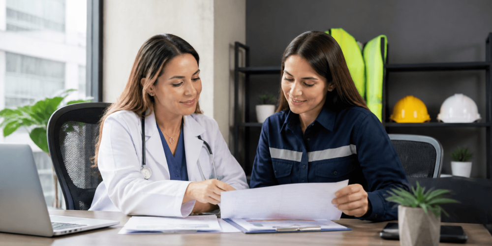 Médica ocupacional y responsable de SST revisan información de un cargo para programar un examen médico ocupacional