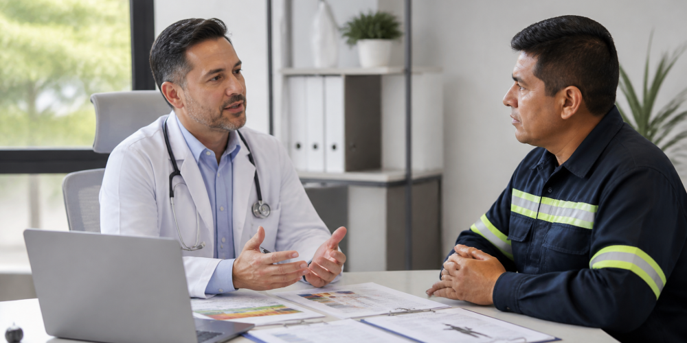Médico evaluador revisa con un trabajador la información de su cargo para un examen médico ocupacional