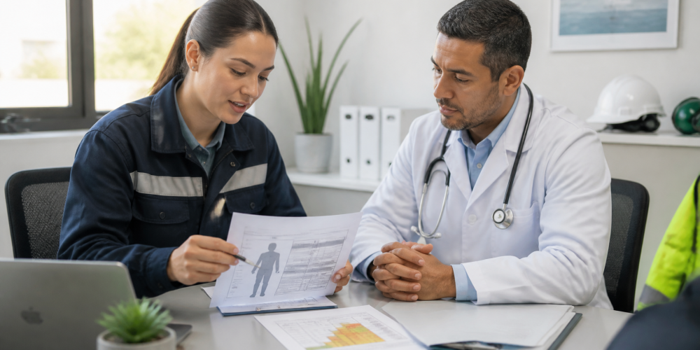 Responsable de SST y médico evaluador revisan información de un cargo para un examen médico ocupacional