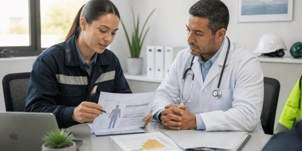 Responsable de SST y médico evaluador revisan información de un cargo para un examen médico ocupacional